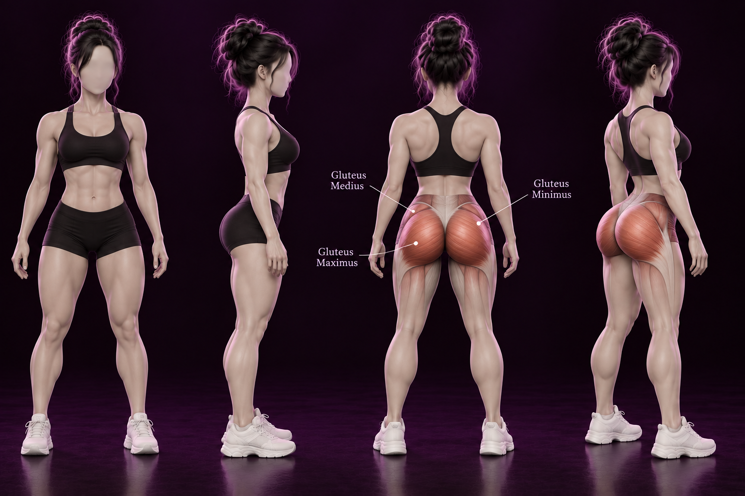 Female glute anatomy reference showing glute muscle structure